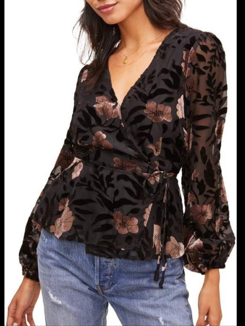 ASTR The Label Black Mauve Floral Velvet Burnout Wrap Blouse Size Xs